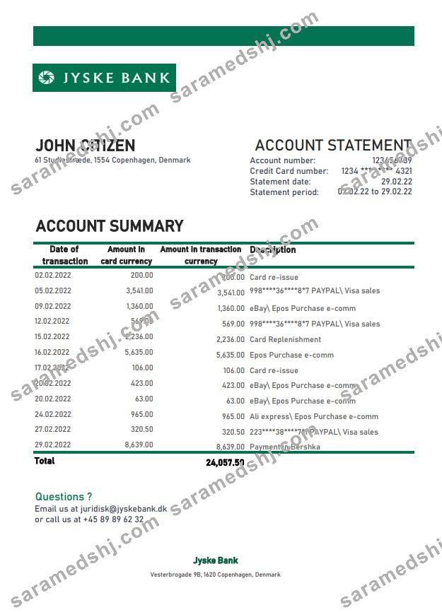 Denmark Jyske bank statement xls